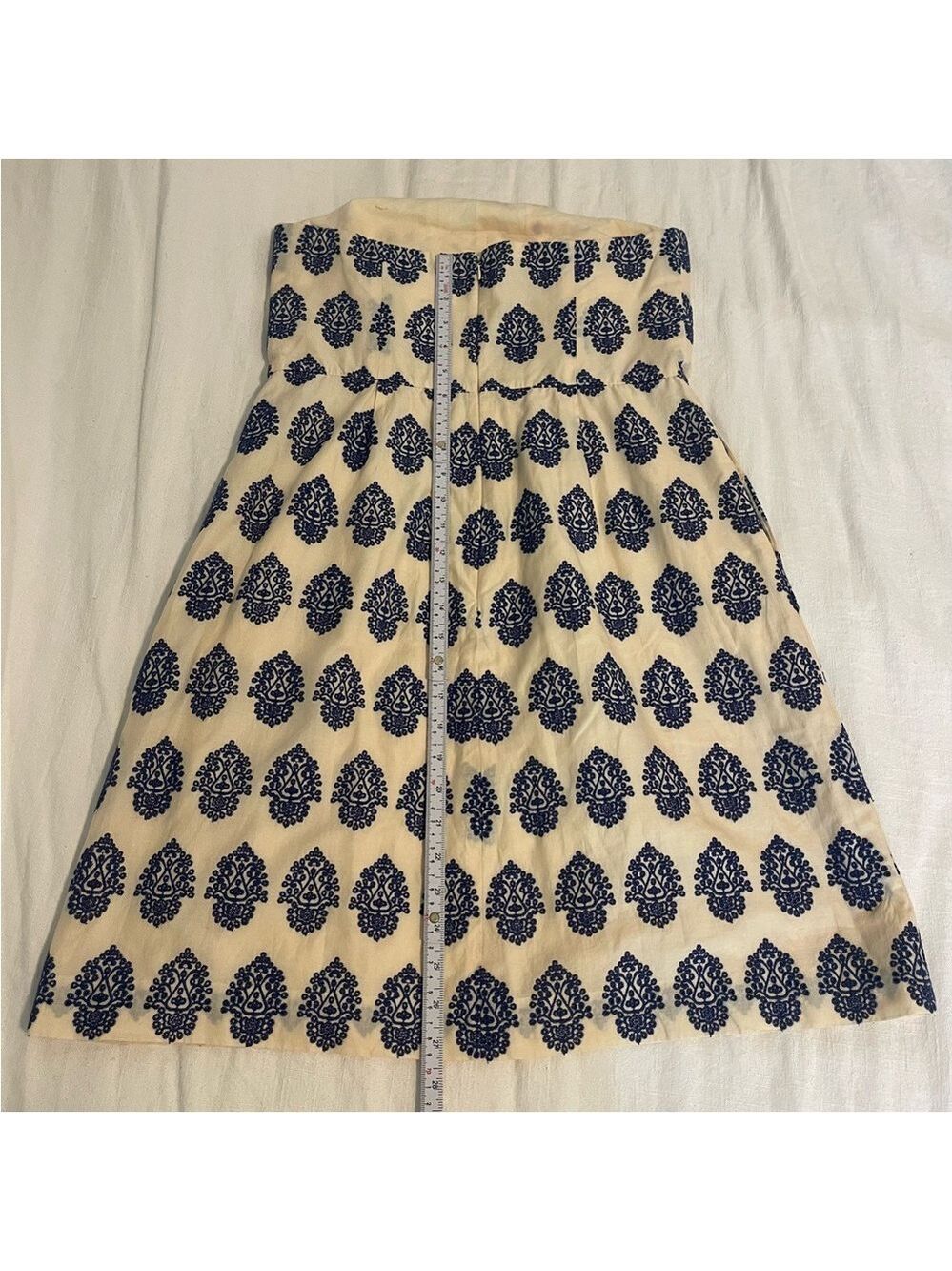 JCREW strapless embroidered mini/midi dress cream and blue size 10 pockets EUC - Picture 9 of 11